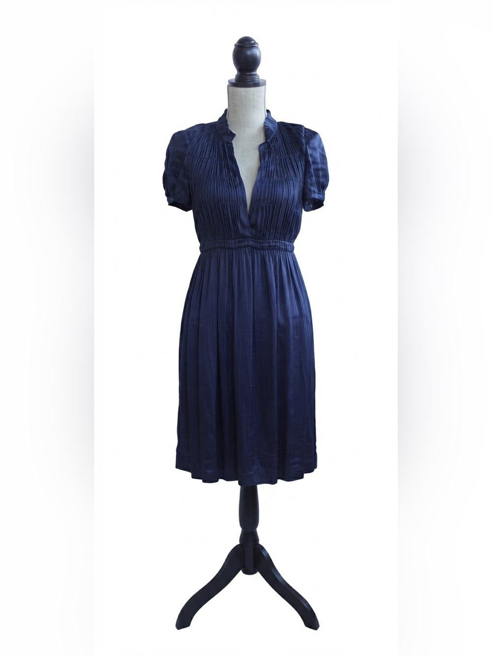 Calypso St Barth 100% Silk Crinkle Navy Empire Waist V Neck Dress Y2K Resort XS